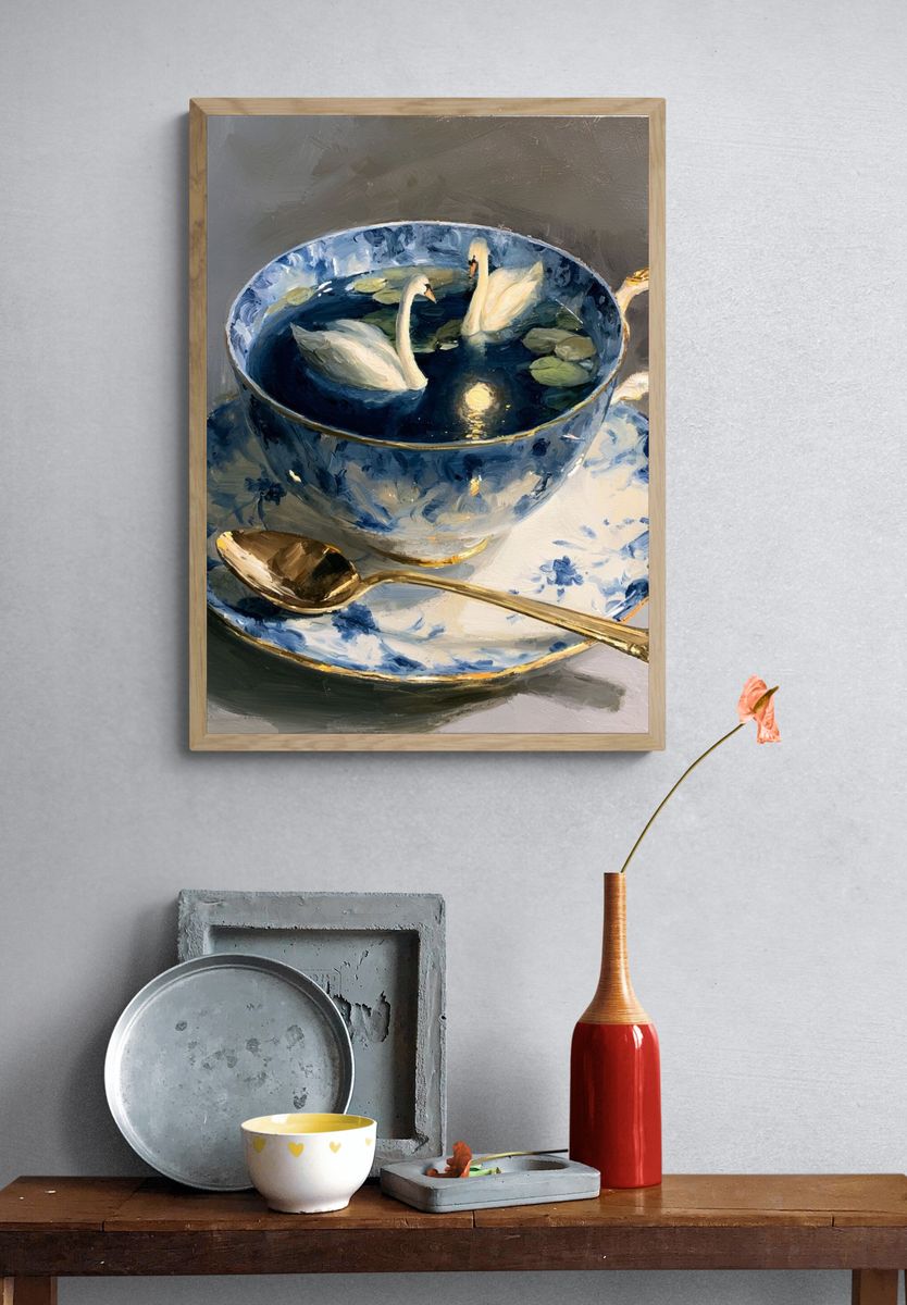 Swan Teacup Still Life Poster. — room view 3