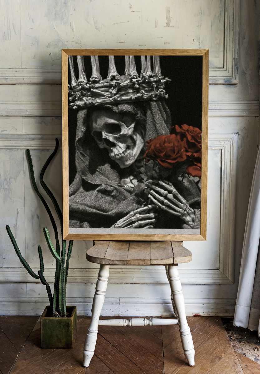 Skeleton Crown with Red Roses Print. room preview
