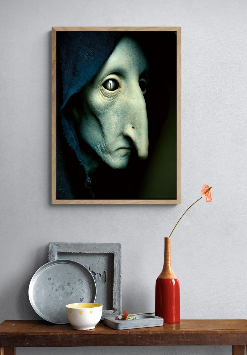 Mysterious Mask Portrait Print. — room view 3