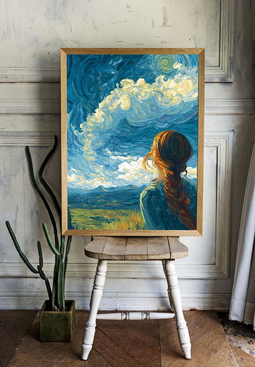 Girl Under Swirling Sky Print. — room view 1