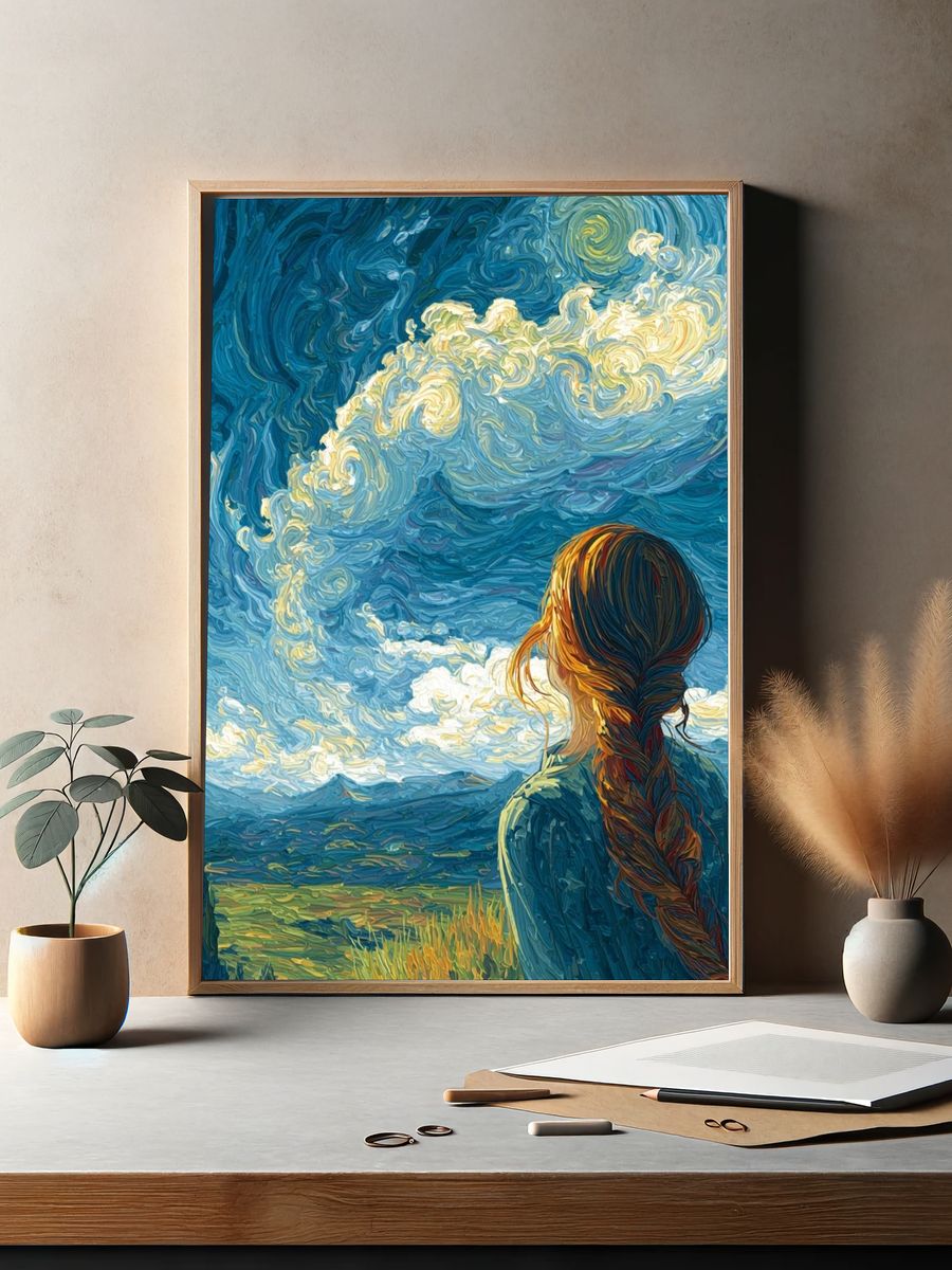 Girl Under Swirling Sky Print. — room view 2