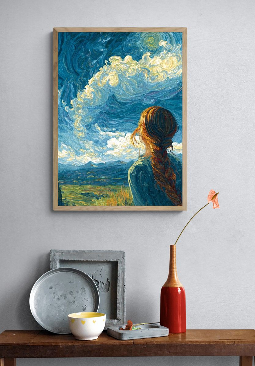 Girl Under Swirling Sky Print. — room view 3