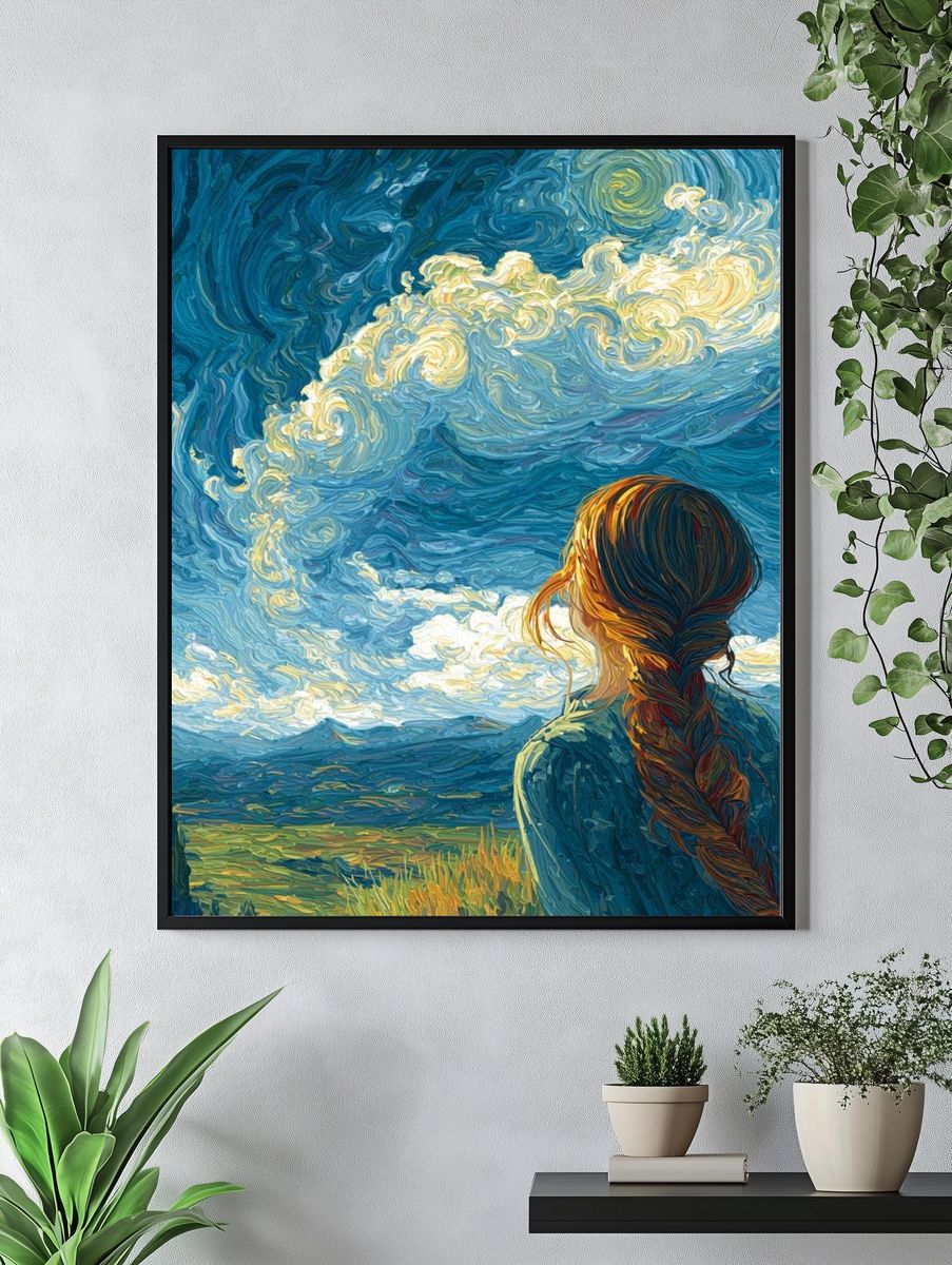 Girl Under Swirling Sky Print. — room view 4