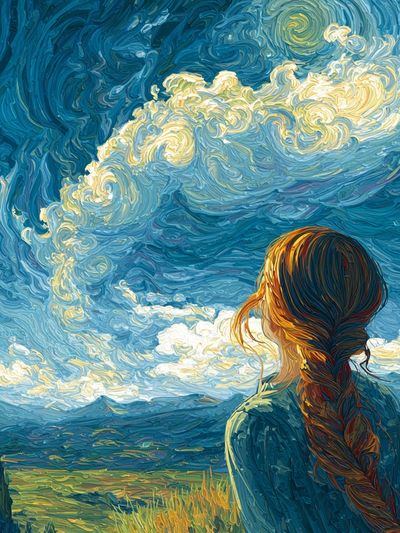 Girl Under Swirling Sky Print. poster