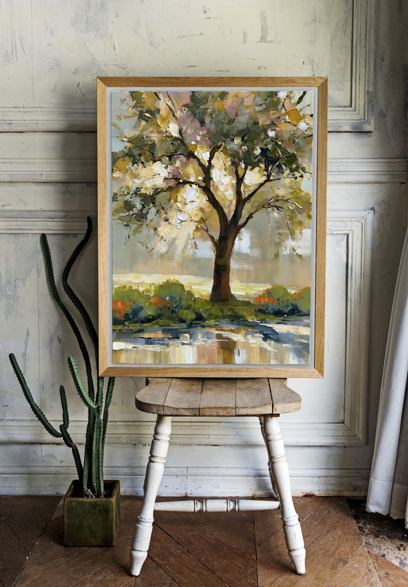 Sunlit Tree Landscape Print. room preview