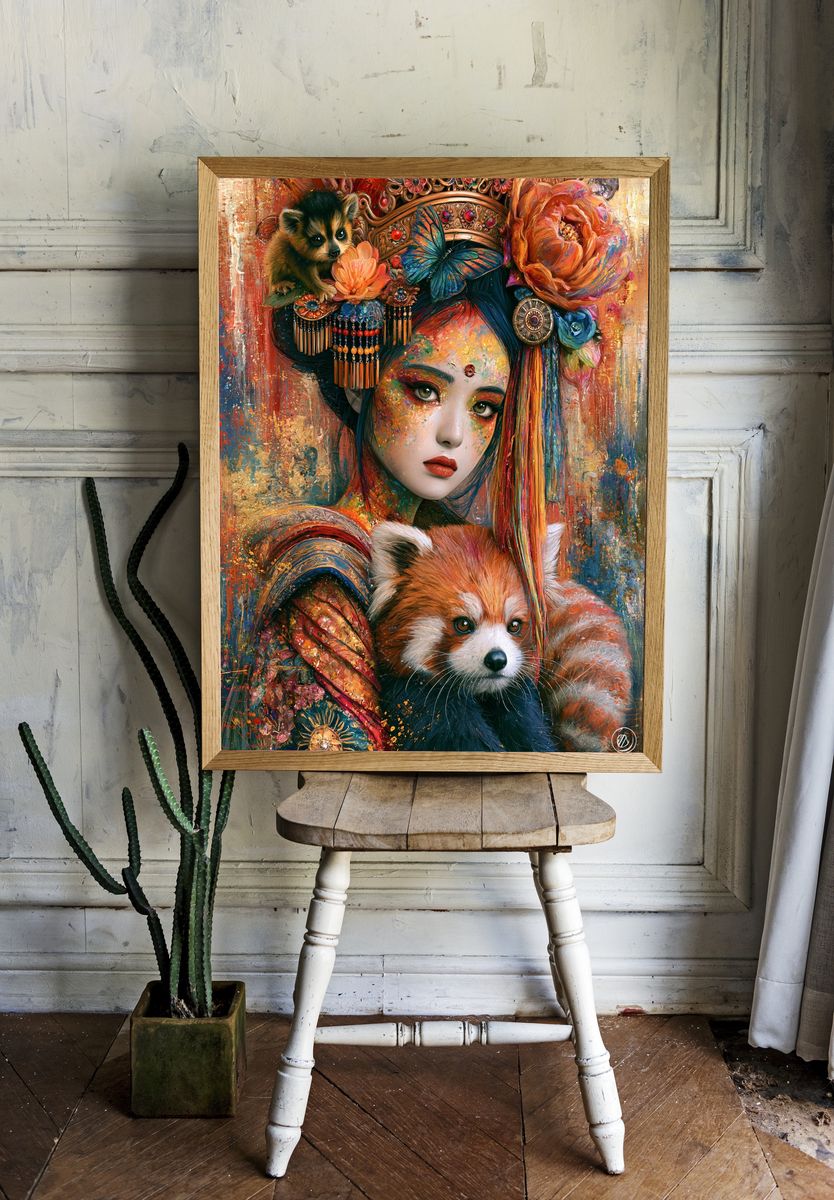 Bohemian Geisha and Red Panda Print. room preview