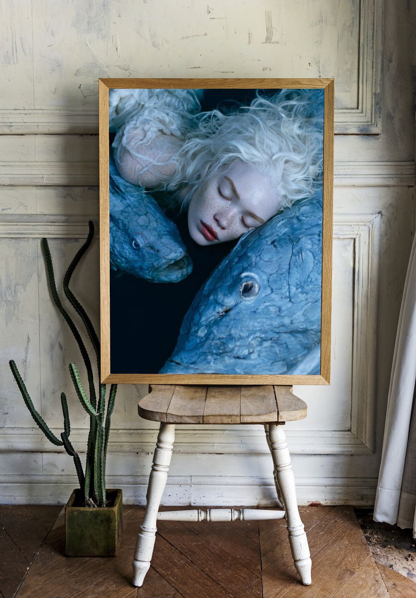 Dreaming Girl and Fish Surrealism Print. room preview