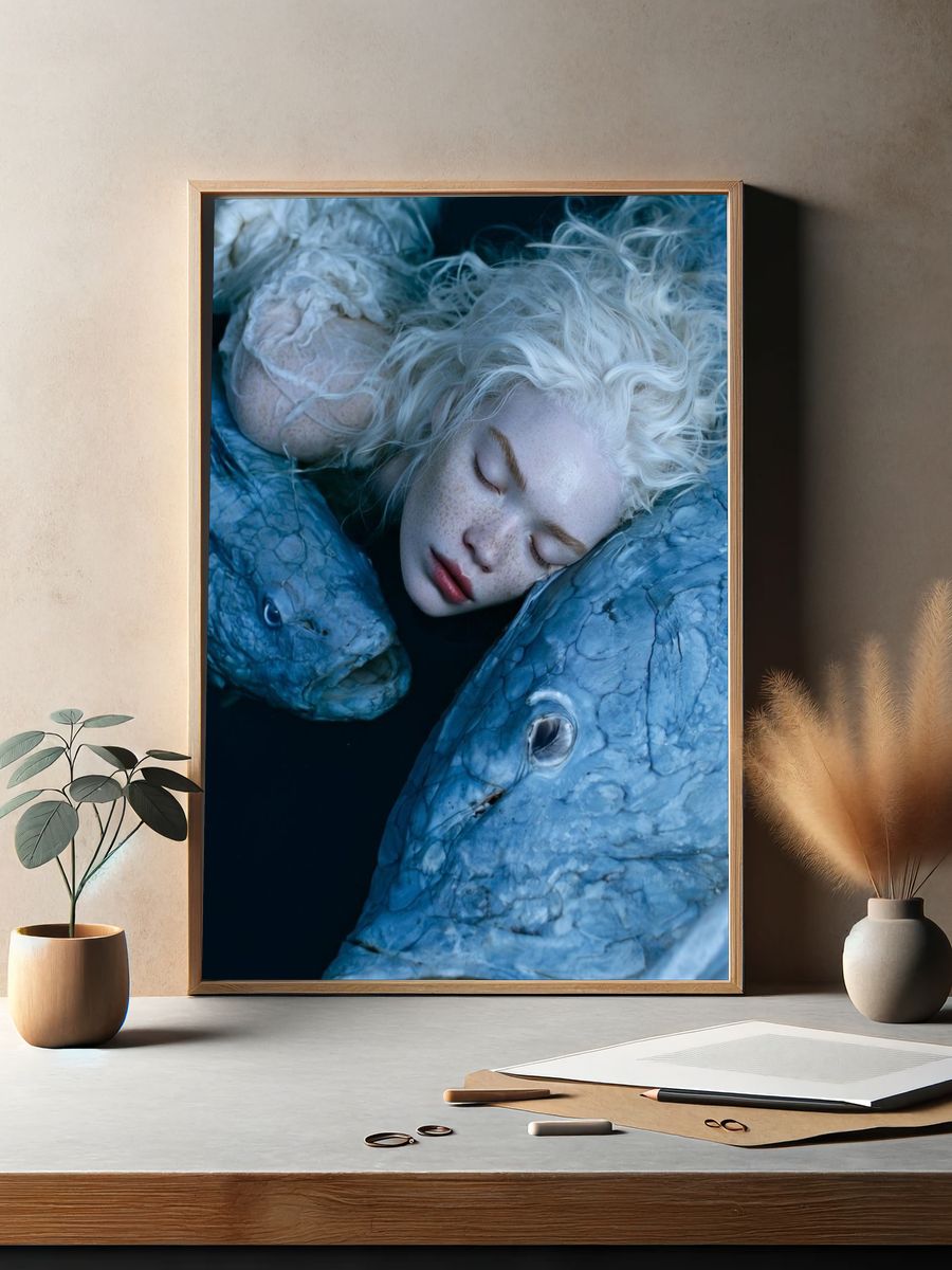 Dreaming Girl and Fish Surrealism Print. — room view 2