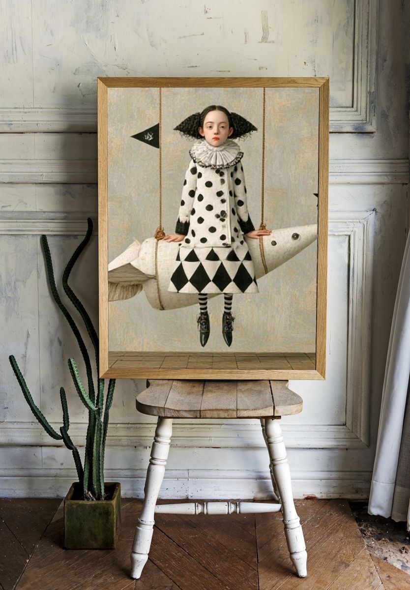 Surreal Girl on Rocket Horse Print. room preview