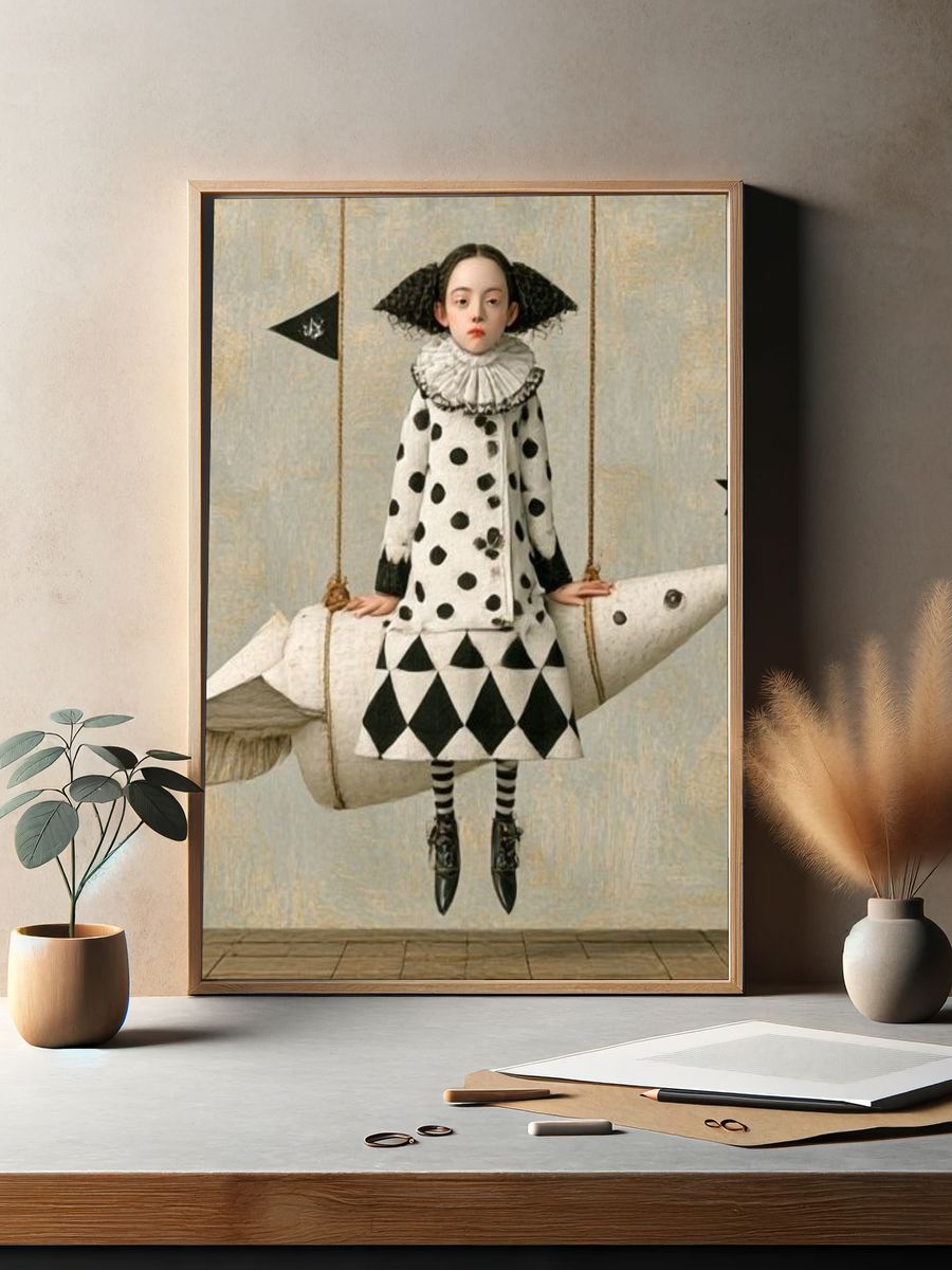 Surreal Girl on Rocket Horse Print. — room view 2