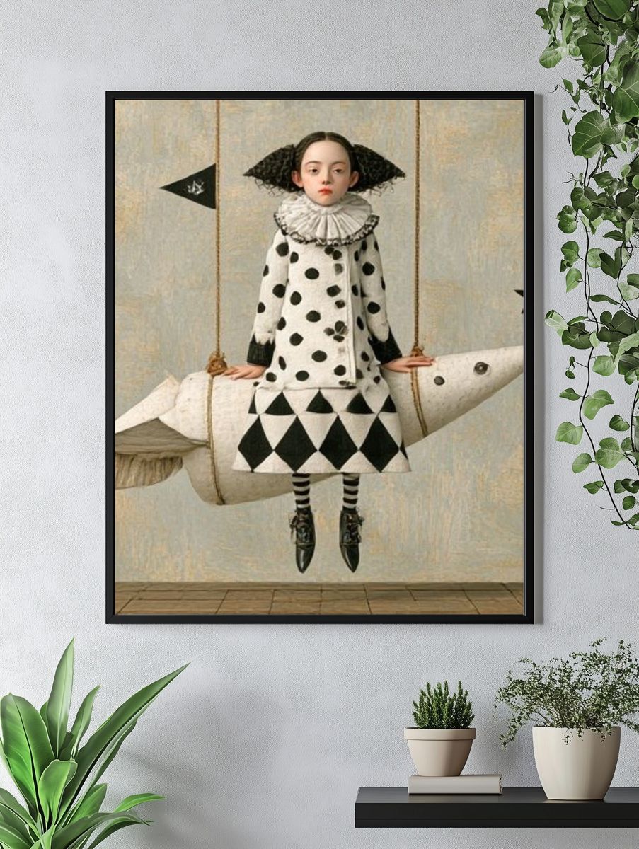 Surreal Girl on Rocket Horse Print. — room view 4