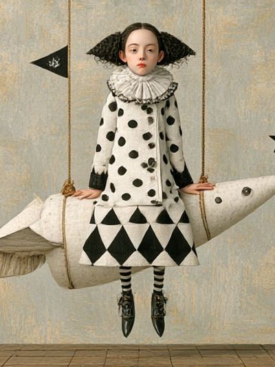 Surreal Girl on Rocket Horse Print.