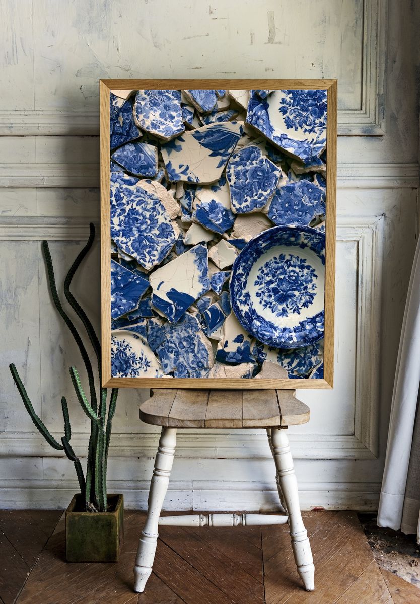 Blue Chinoiserie Ceramic Collage Print. room preview