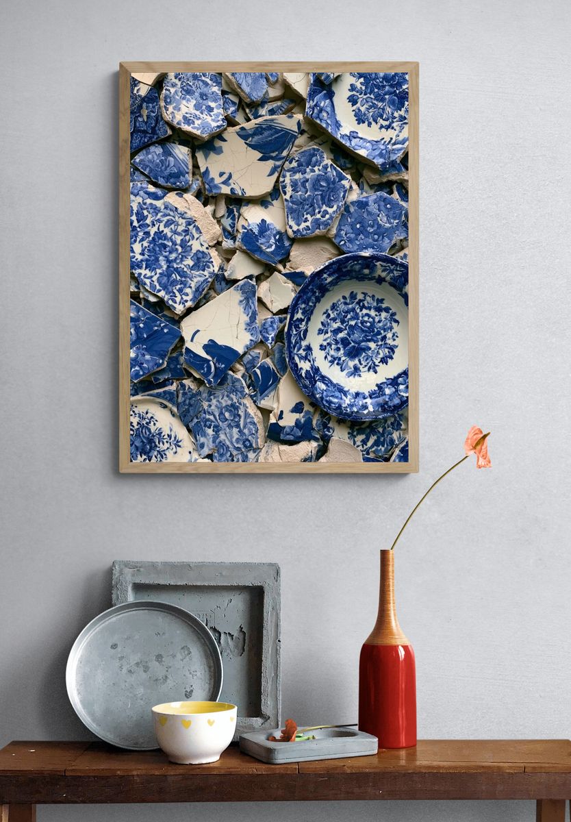 Blue Chinoiserie Ceramic Collage Print. — room view 3