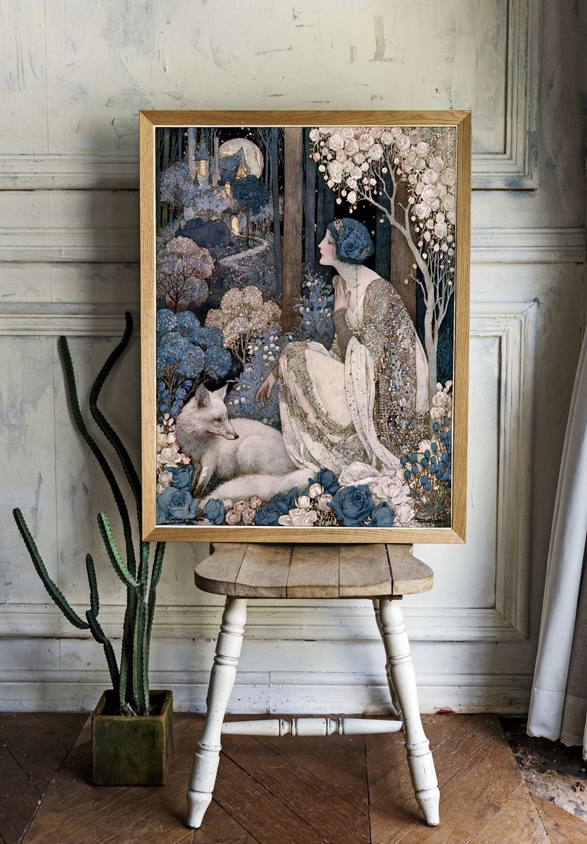 Moonlit Floral Woman Art Nouveau Print. room preview
