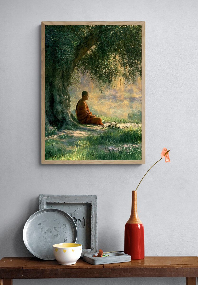 Meditating Monk in Forest Poster. — room view 3