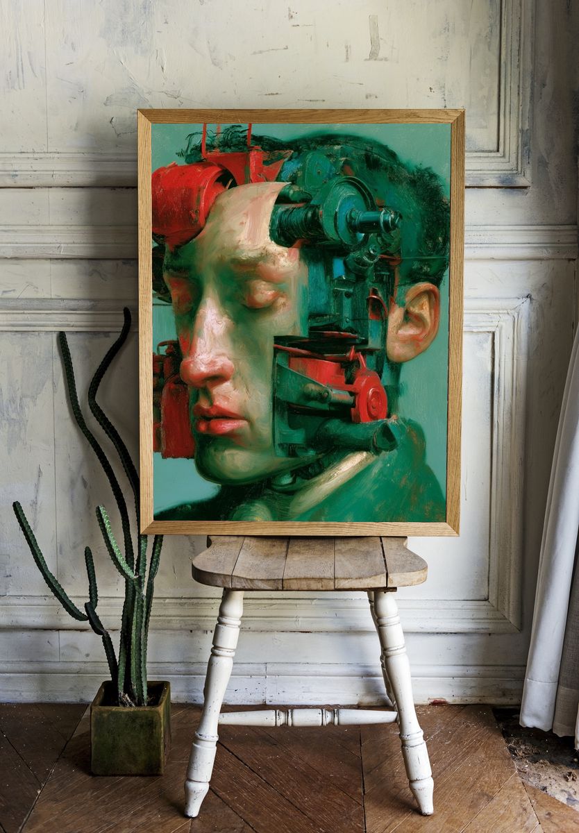 Surreal Mechanical Portrait Print. room preview