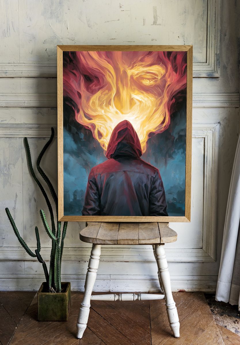 Hooded Figure Flame Vision Print. room preview