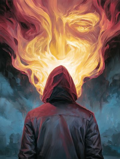 Hooded Figure Flame Vision Print.