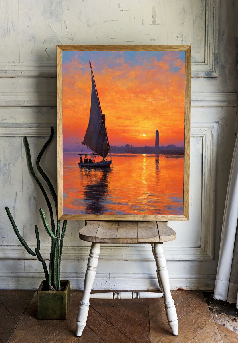 Sunset Sailboat Harbor Fine-Art Print. room preview