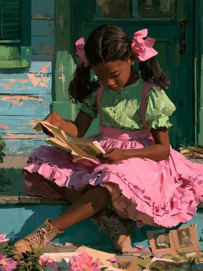 Girl Reading on Porch Fine-Art Print. poster