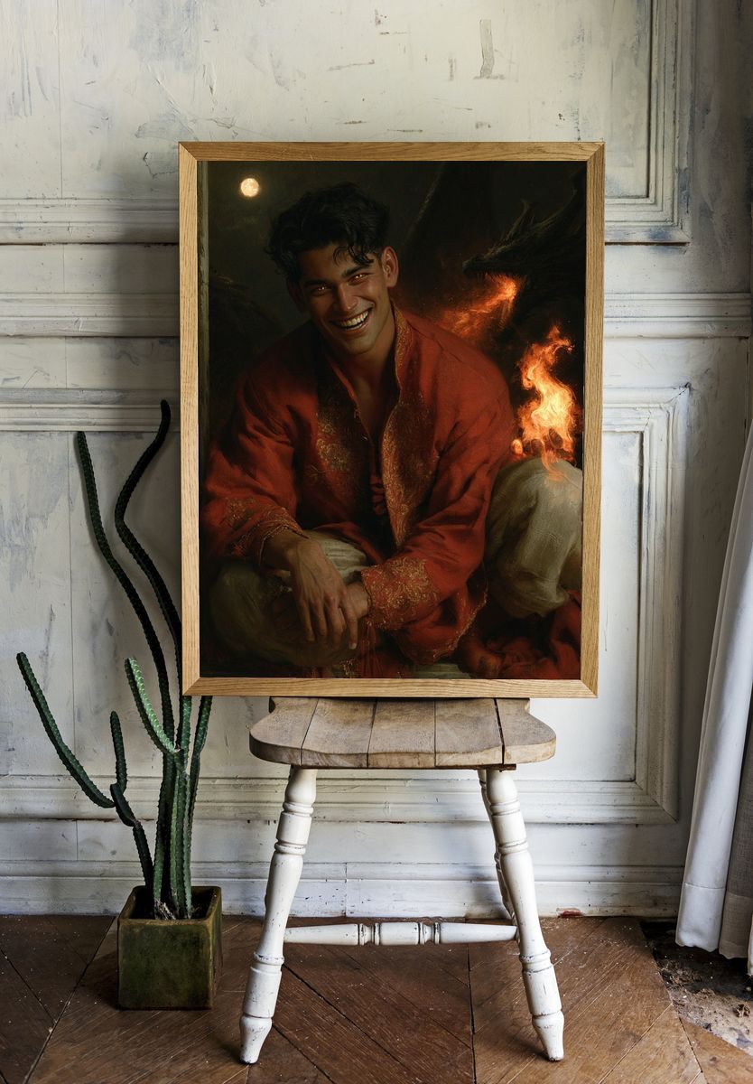 Smiling Man with Fire — Fine-Art Print. room preview