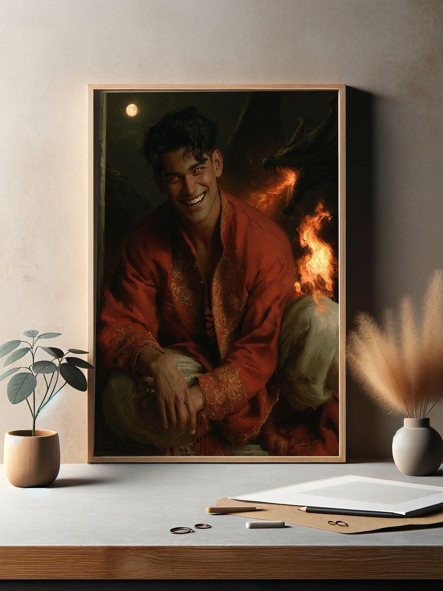 Smiling Man with Fire — Fine-Art Print. — room view 2