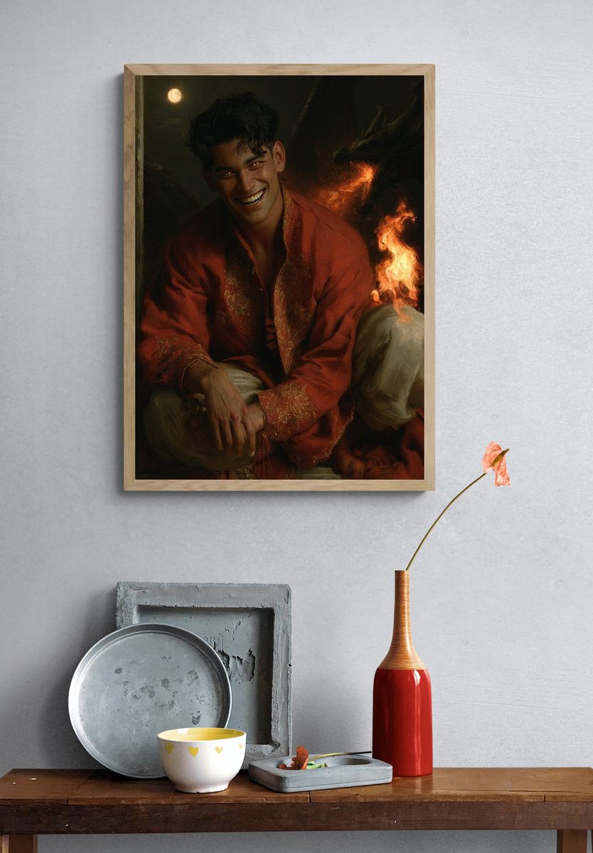 Smiling Man with Fire — Fine-Art Print. — room view 3