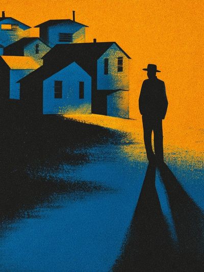 Lonely Figure in Blue Village Poster.