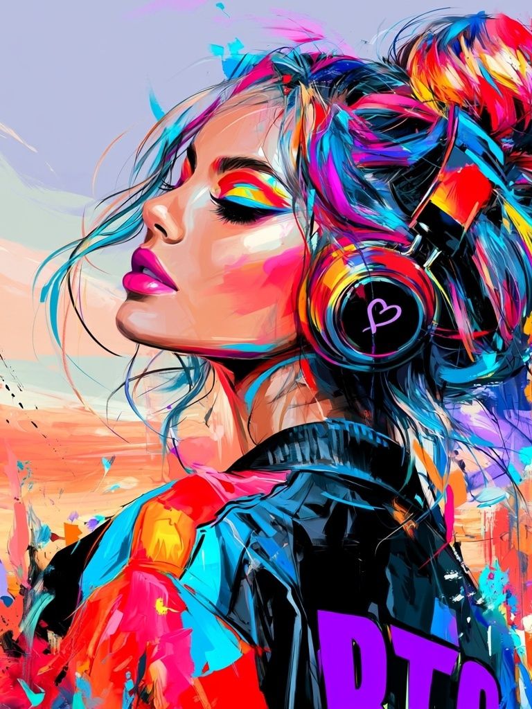 Neon Headphones Portrait Print. poster — fine-art art
