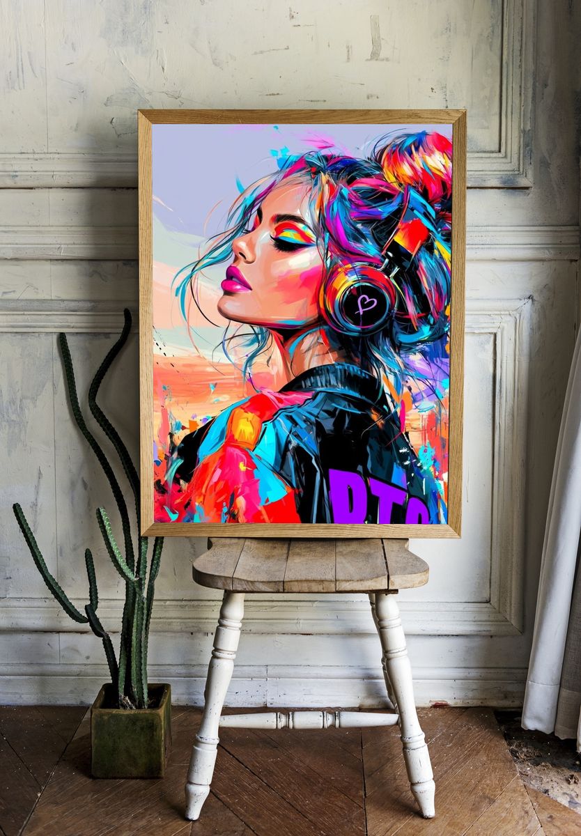 Neon Headphones Portrait Print. room preview