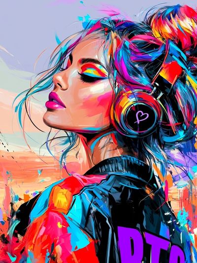 Neon Headphones Portrait Print.