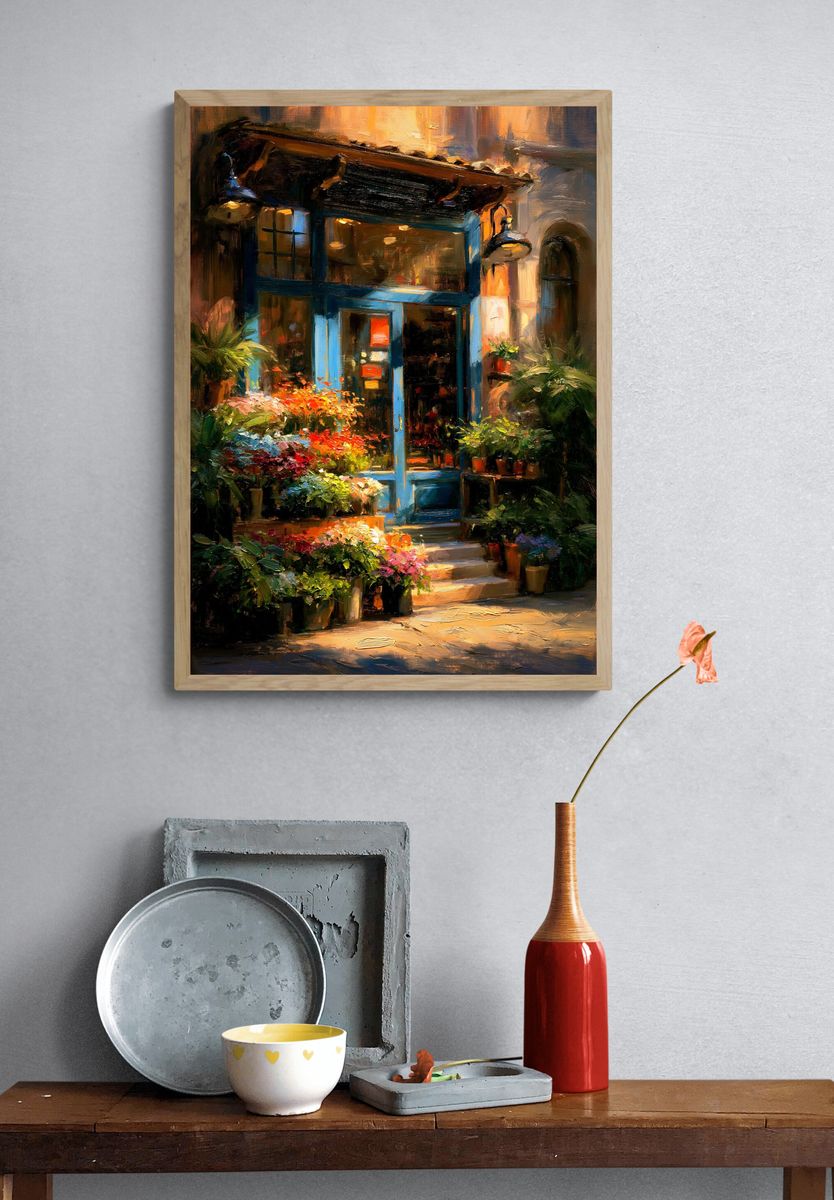 Flower Shop Street Scene Poster. — room view 3