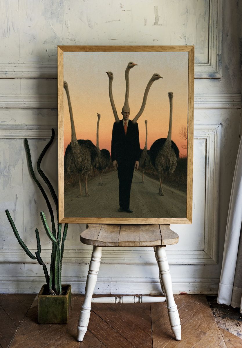 Surreal Ostrich Man Fine-Art Print. room preview