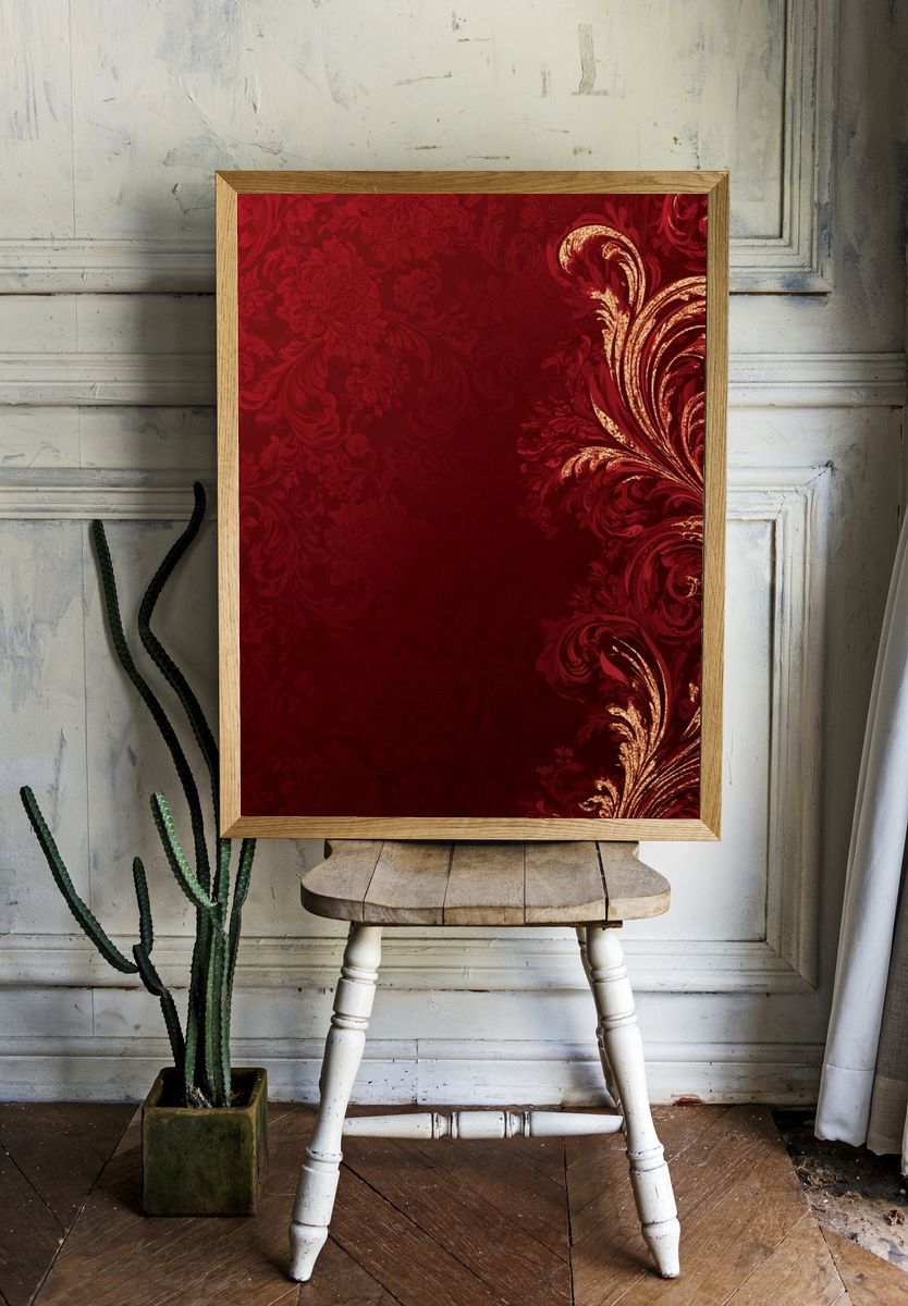Crimson Baroque Flourish Print. room preview