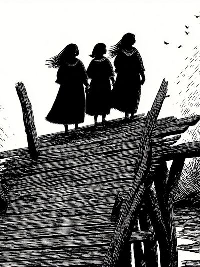 Three Figures on a Bridge Print. poster