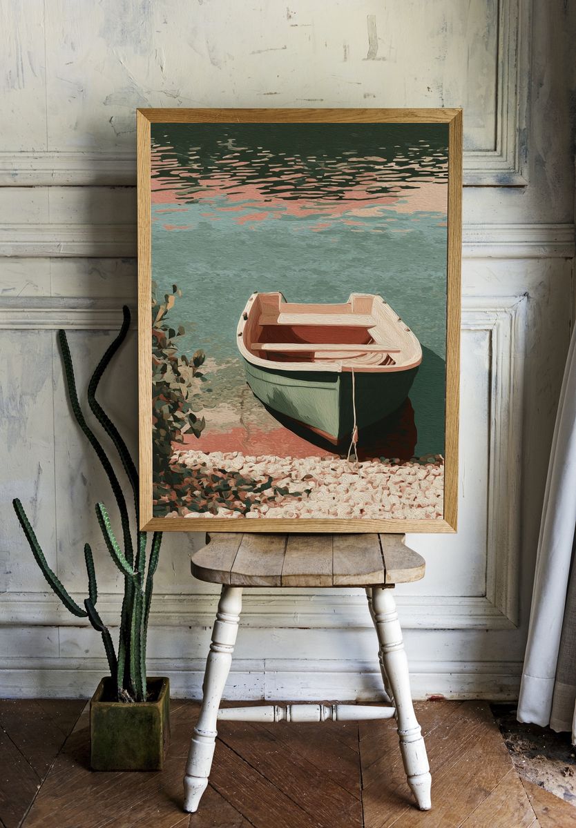 Pastel Rowboat by the Water Poster. room preview