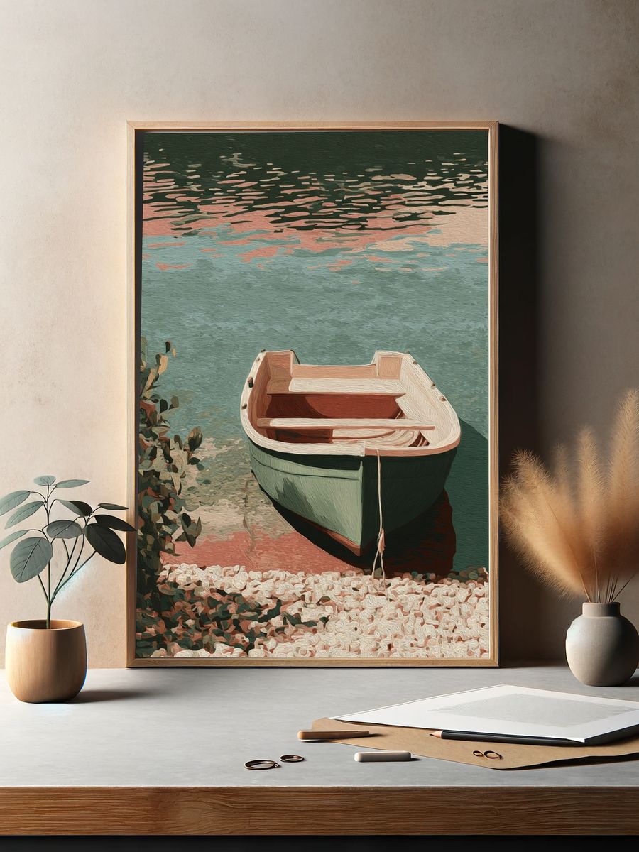 Pastel Rowboat by the Water Poster. — room view 2