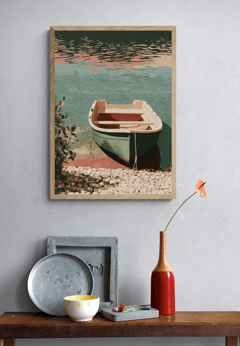 Pastel Rowboat by the Water Poster. — room view 3