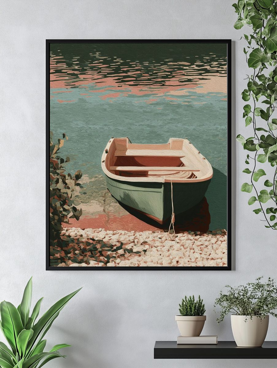 Pastel Rowboat by the Water Poster. — room view 4