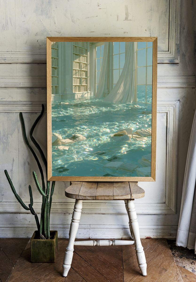 Dreamy Flooded Library Print. room preview