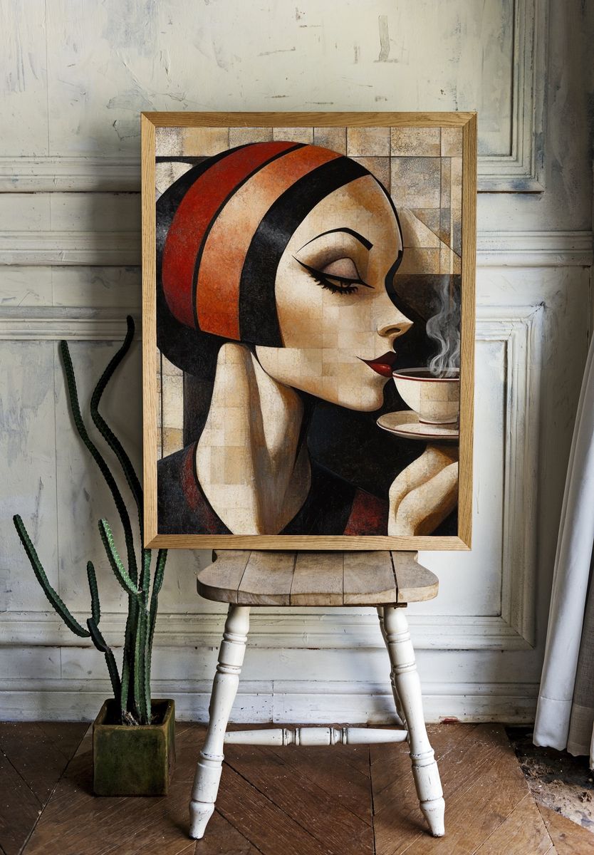 Art Deco Coffee Woman Print. room preview
