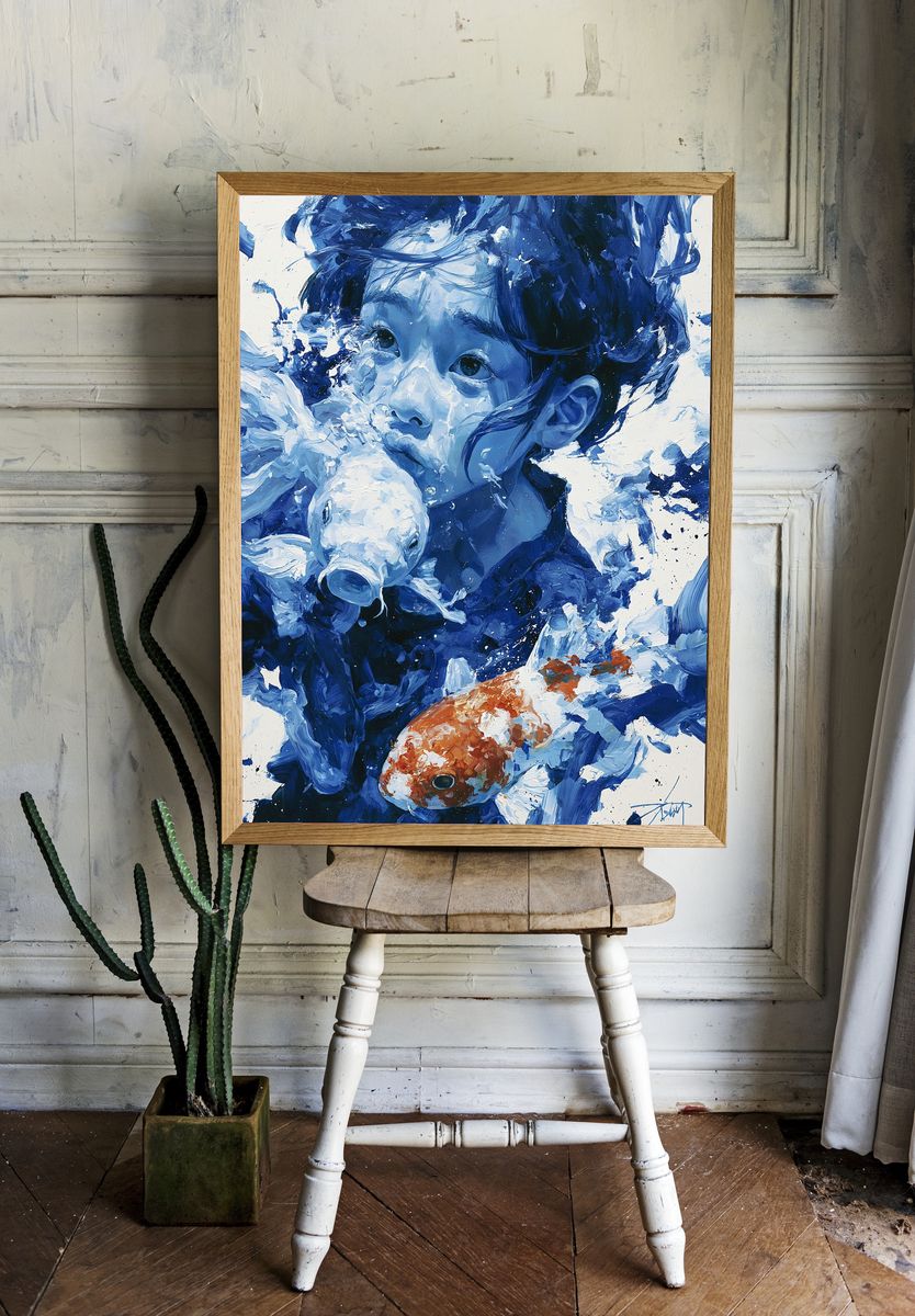 Child with Koi Fish Illustration Poster. room preview