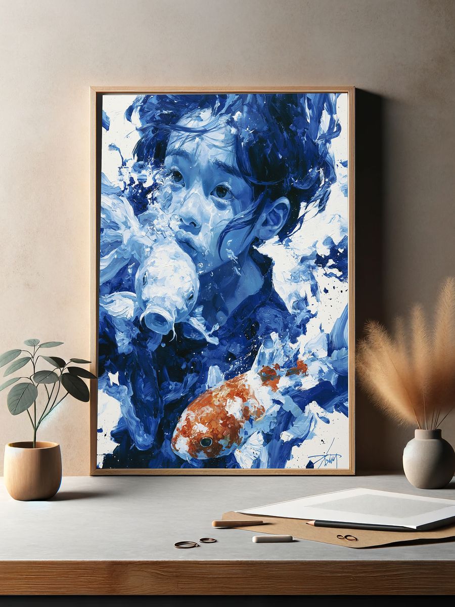 Child with Koi Fish Illustration Poster. — room view 2
