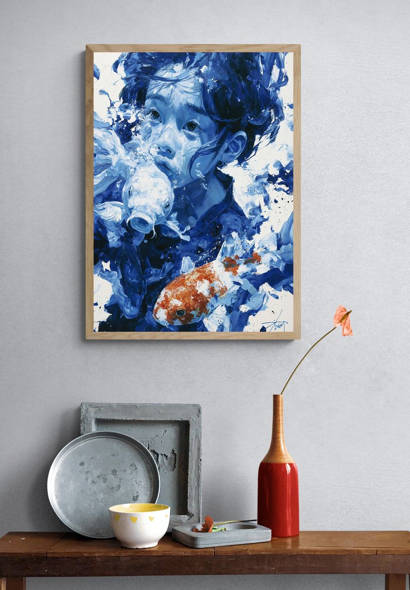 Child with Koi Fish Illustration Poster. — room view 3