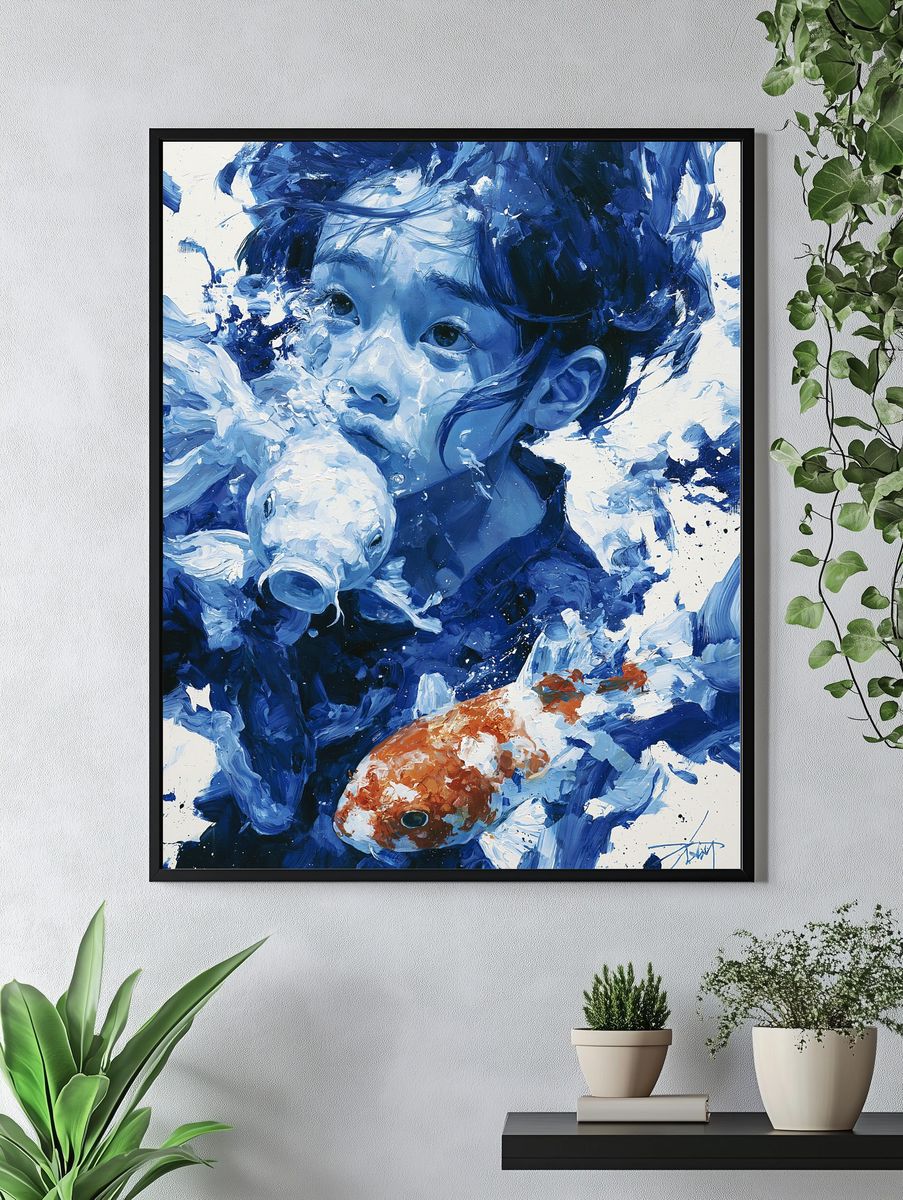 Child with Koi Fish Illustration Poster. — room view 4