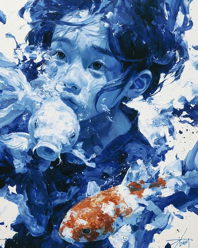 Child with Koi Fish Illustration Poster.