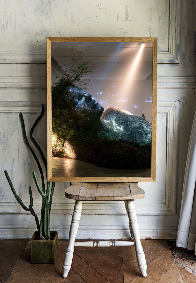 Cosmic Earth Figure Photography Print. room preview