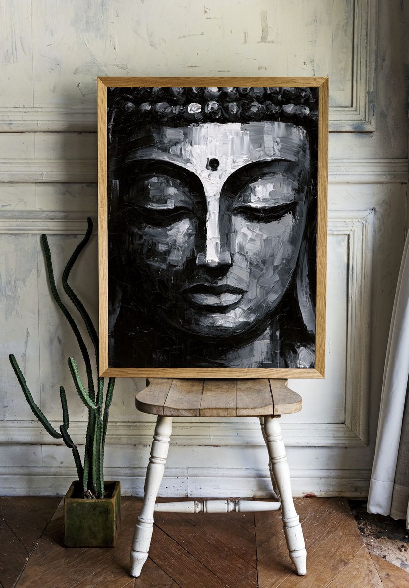Monochrome Buddha Face Print. room preview