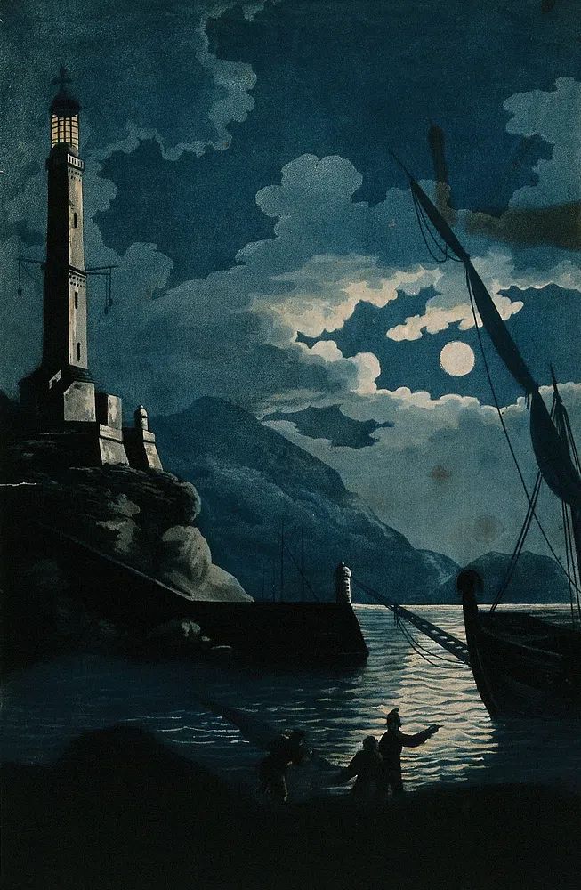 lighthouse Genoa night; ship three. poster — fine-art art